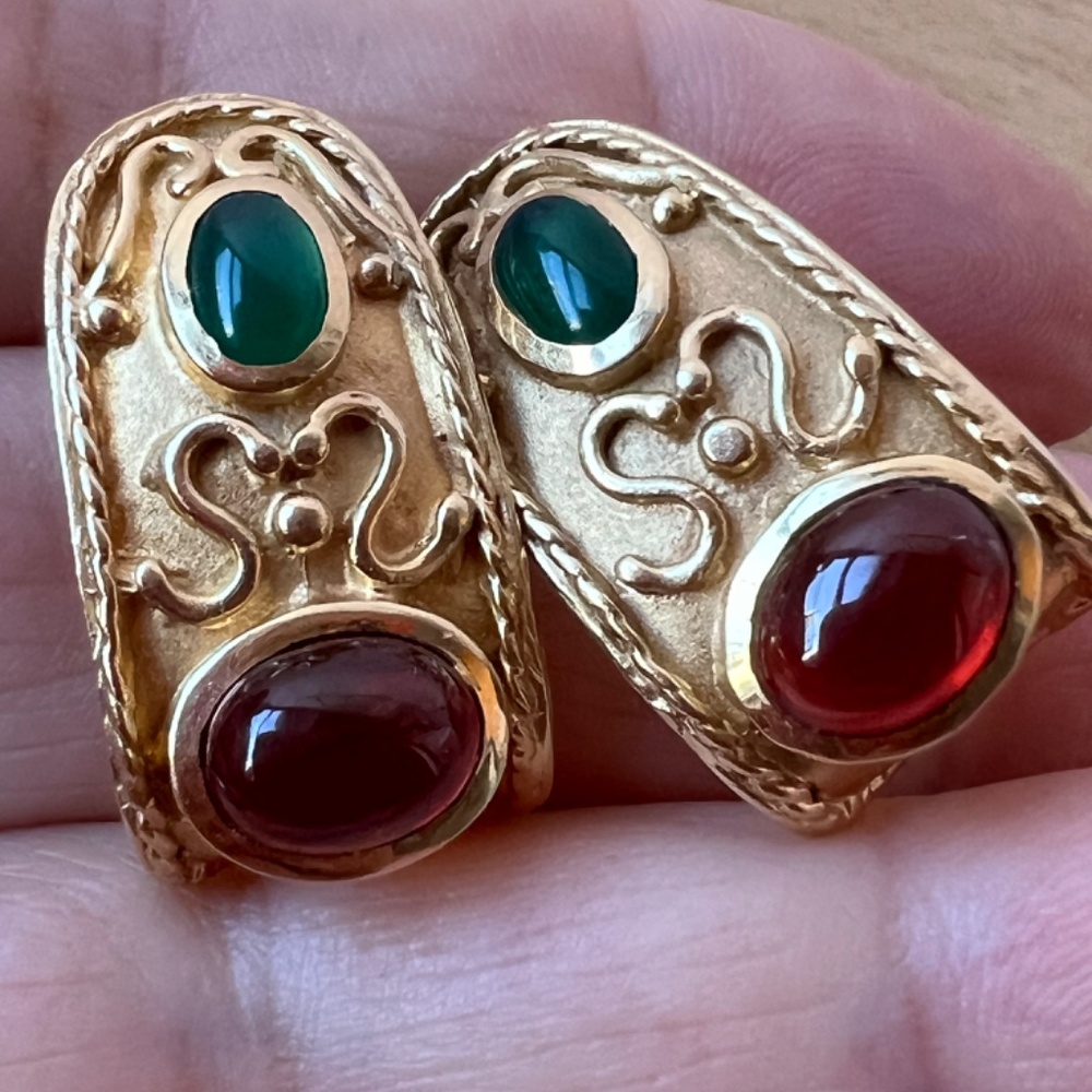 VINTAGE 14K GOLD CABOCHON GARNET GREEN CHRYSOPRASE EARRINGS STATEMENT CUSTOM - Picture 12 of 16